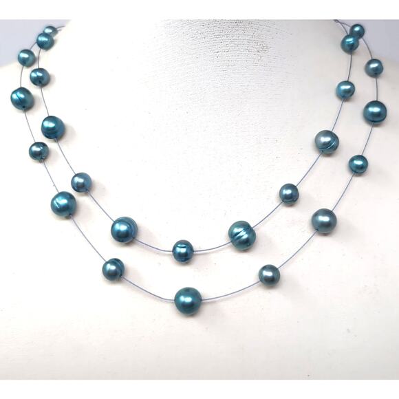 Honora Blue Cultured Freshwater Pearl Illusion Necklace Double Strand Boxed NEW - Picture 2 of 7